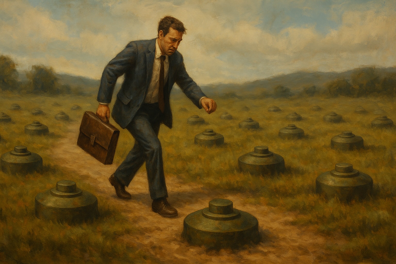 A worried man in a business suit carrying a briefcase carefully walks along a path surrounded by large landmines in a grassy field under a cloudy sky.