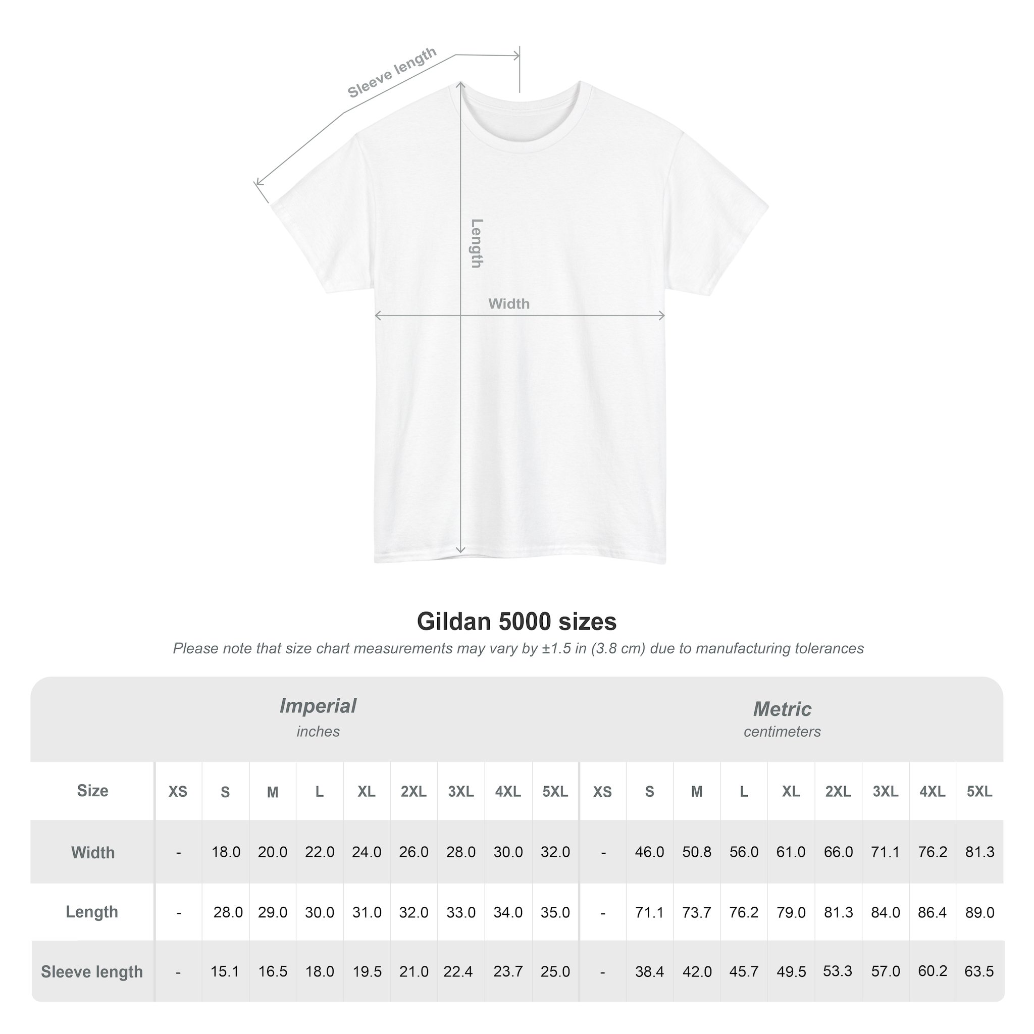 A size chart for the Kings Painting Co. Logo T‑Shirt | Gildan Ultra Cotton (G2000) displays a white shirt diagram with labeled areas for width, length, and sleeve length, along with a detailed table of measurements in inches and centimeters for sizes XS to 5XL.